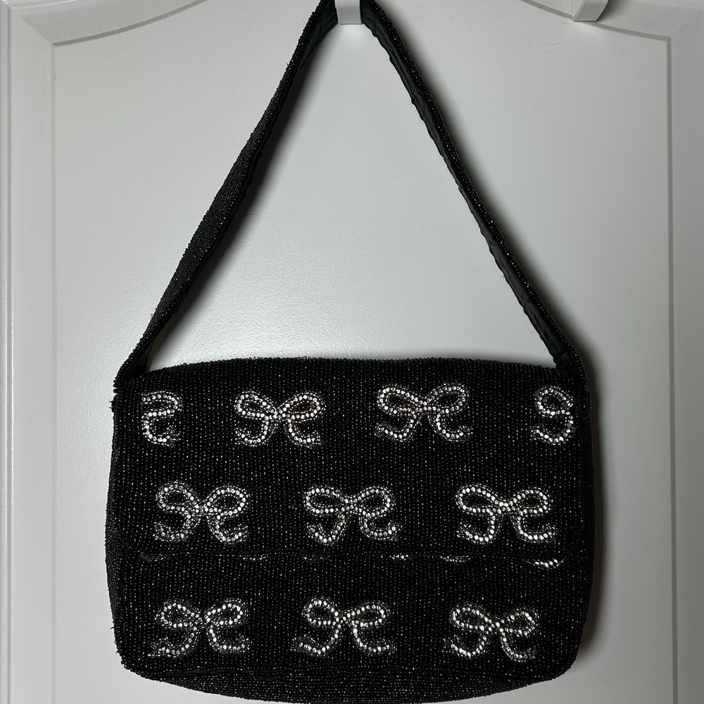 Black Silver Fully Beaded Bow Magnetic Flap‎ Front Shoulder Bag Coquette Style